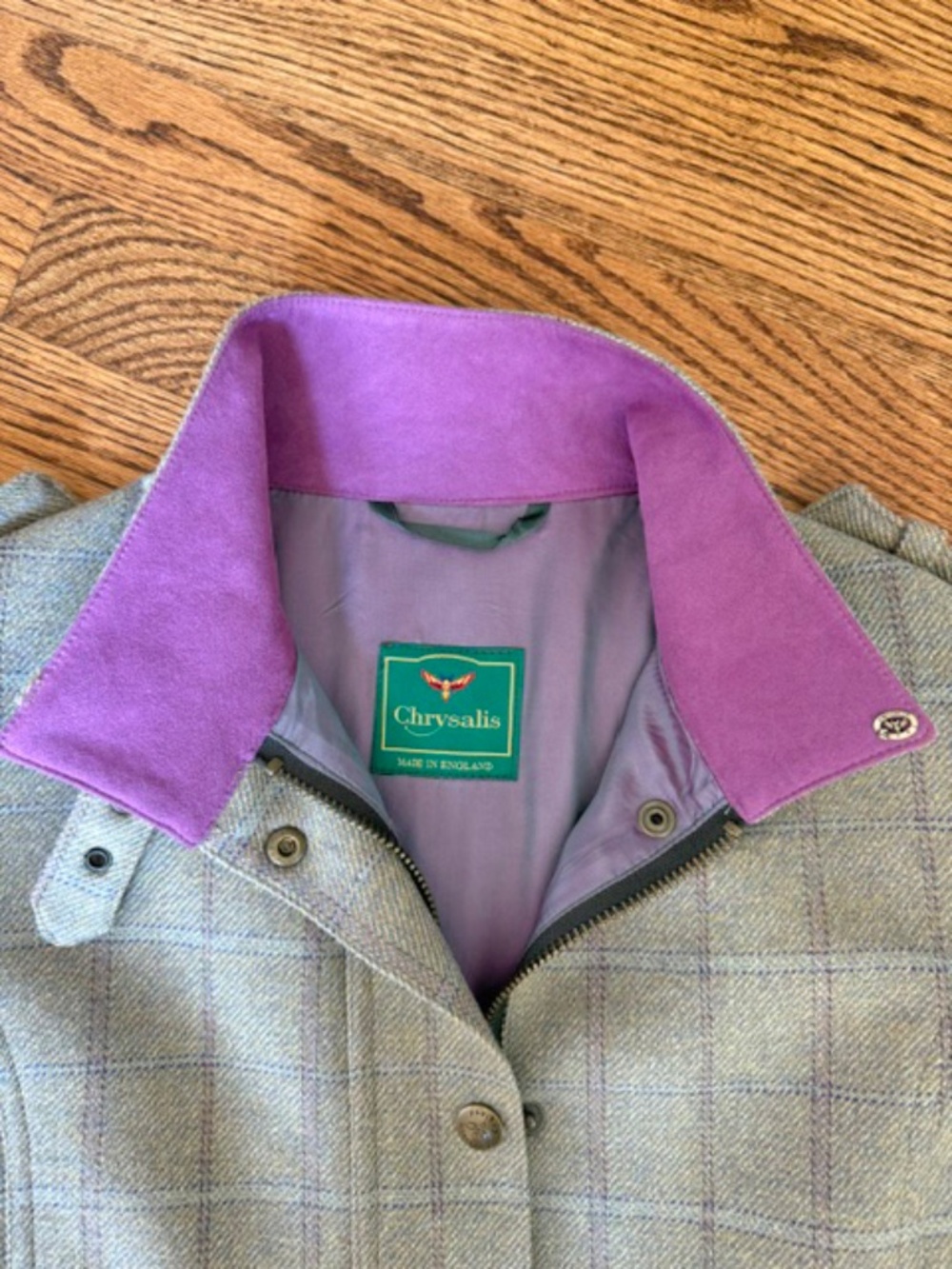 Chrysalis England Tweed Field Coat Purple Suede Collar Belted Wool Jacket UK 8